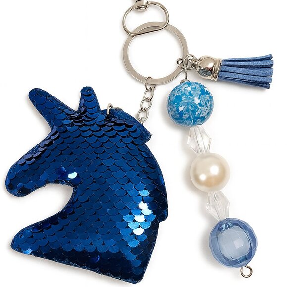 Unicorn Keychain Blue Sequin Tassel Beads Bag Charm Purse Backpack Cute Gift - Picture 1 of 1